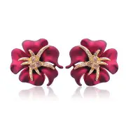 2 Pair Elegant Brilliant Blue Red Blooming Flowers Golden Rhinestones Stud Earrings