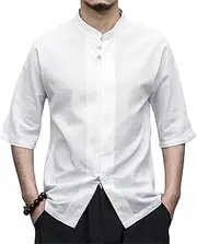[Generic] Men's Short Sleeve Shirt with Mandarin Collar and Chinese Knot Closure, Breathable and Comfortable for Daily Use