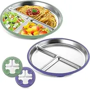 TELAIN Stainless Steel Kids Plates with Sections and Silicone Suction Base, 2 Piece Baby Plates in Green and Purple, Unbreakable and Dishwasher Safe for Stress-Free Meals
