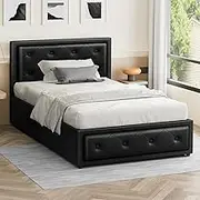 ALFORDSON Bed Frame Base with Gas Lift Storage King Single Size Della Series, Mattress Topper Platform Foundation with PU Leather Upholstery for Bedroom, Black