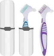 Denture Brush, 2 Pieces False Teeth Toothbrush with White Carrying Case, Multi-Layered Bristles Ergonomic Rubber Handle for False Teeth Cleaning