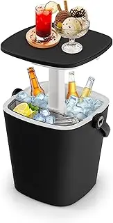 Costway Portable Cooler Bar Table, 15 L Weatherproof PP Beverage Cooler w/Handle, Bottle Opener & Lift Top Lid, 3-in-1 Pop Up Side Table Cocktail Table for Camping, Picnic, Poolside (Black)