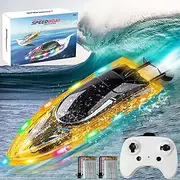 BUSYSIR Remote Control Boat Toys-2.4GHz 20KPH Fast RC Boat for Adults-3 LED Light Modes 200 Feet RC Distance-Rechargeable Waterproof RC Boat-Best Pool Lake Water RC Boat for Kids Adults(Yellow)