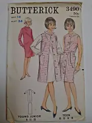 Shift Dress Coat Duster Ensemble 14 Butterick 3490 Sewing Pattern VTG UC Button