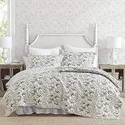 Laura Ashley - Queen Quilt Set, Reversible Cotton Bedding with Matching Shams, Floral Bedroom Decor for All Seasons (Bramble Floral Green, Queen)