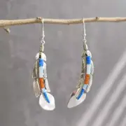 Navajo Sterling Silver Blue White Orange Lab Opal Inlay Large Feather Earrings