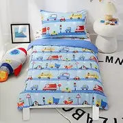 PINNKKU 4-Piece Toddler Bedding Set, Bed-in-a-Bag Comforter Set, Includes 1 Flat Sheet, 1 Fitted Sheet, 1 Comforter and 1 Reversible Pillowcase, Standard Toddler Comforter & Sheet Set, Cars & Road