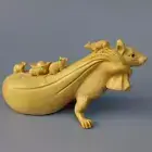 Chinese BoxWood Carved Zodiac Animal Mouse Family Feng Shui Wealth Decoration