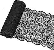 Glarks 1Rolls 4.57m x 180mm Fabric Lace Ribbon, Black Floral Pattern Fabric Lace Ribbon, Elastic Stretchy Lace Fabric for Wedding Decorating, Sewing, Hair Bow Making