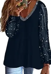 [Generic] Womens Glitter Sequin Sheer Mesh Plus Size Casual Long Sleeve Shirts Sexy Sparkle Dressy V Neck Tunic Top Fashion Blouse