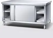 YUGXTH Stainless Steel Work Table Kitchen Prep Table, Commercial Worktable with Sliding Doors, Single Pass Kitchen Worktop Storage Cabinets, Prep Table with Cabinet for Home, Restaurant(80x60x80cm)
