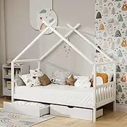 Artiss Kids Single Bed Frame with 2 Storage Drawers, Floor Bed with Roof, Headboard Footboard, Wooden Kids Canopy Beds for Toddler Baby Boy, Solid Bedframe Bedroom Furniture, Easy Assembly
