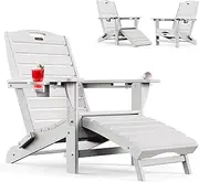 Folding Adirondack Chair with Retractable Ottoman Fire Pit Chair Patio Adirondack Chair Weather Resistant Lawn Outdoor Lounge Chair with 2 Cup Holder