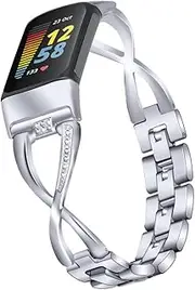 Women Bands for Fitbit Charge 5, Charge 6 Girls Bling Diamond & Stainless Steel Watchband Quick Release Strap Jewelry Wristband for Charge 5 & Charge 6 Fitbit Smart Watch