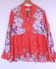New Dreamcatcher Top 10 M Womens Boho Coral Floral Rayon Peplum Tassel Resort