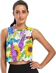 [ODAWA] Butterflies Sunflowers Womens Crop Top Workout Running Shirts Gym Tops Sizes S-2XL