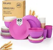 Perlapoc Wheat Straw Dinnerware Sets 40 PCS Bowl and Plate Sets With Cup Dishes Set for 8 Unbreakable Dish Sets Microwave Safe Plates Dinner Bowls Drinking Glasses With 4 Color - Flower Color