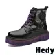 【Hedy】厚底馬丁靴 馬丁靴/復古印花帆布拼接亮漆皮厚底潮流馬丁靴(黑)