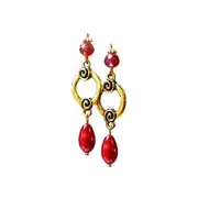 Earrings rose hoop red pearl and crystal drop, choose clip on or pierced