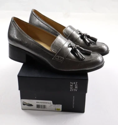 Naturalizer Women's 9M Nina Pewter Metallic Tasseled Slip On Heeled Loafer Shoes
