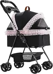 Dog Cat Strollers for Small Medium Dogs and Cats, Pet Cat Stroller 4 Wheel Travel Pram Folding Dog Strollers Cart, Dog Pram Pushchair Travel Carrier Trolley with Cup Holder(Pink)