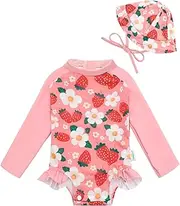 [babygoal] Baby Girls Long Sleeve One Piece Rash Guard Swimsuit with Zipper, UPF 50+ Sun Protection, Strawberry, 6-12 Months