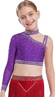 [winying] Kids Girls Shiny Rhinestones Dance Outfits For Latin Jazz One Shoulder Mock Neck Crop Top With Feather Briefs
