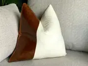 Mudcloth Pillow Cover Genuine Leather Stripe Patch Authentic Tan Leather cushion, striped cushion, Leather cushion pillow case