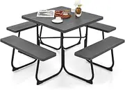 Costway 8-Person Square Picnic Table Bench Set, Outdoor Square Picnic Table with 4 Benches & Umbrella Hole, 225 KG Capacity, All Weather Camping Table for Garden Yard Patio Lawn (Black)