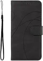 SATURCASE Case for Samsung Galaxy A12 / M12, Curved Line PU Leather Flip Magnet Wallet Stand Card Slots Hand Strap Protective Cover for Samsung Galaxy A12 / M12 (HX-Black)