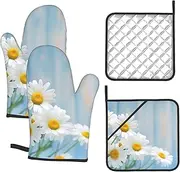4 pcs Oven Mitts and Pot Holders Set 500°F Heat Resistant Oven Gloves and Hot Pads Kitchen Mittens Elegant Spring Daisy Flowers Cooking Gloves Potholders for Baking Grilling