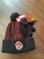 Nintendo Super Mario Stocking Cap Toddler Hat Pair of Gloves Black Red NWT Game