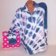 Victoria Secret PINK Sweater Medium 1/4 Zip Pink Blue White Tie Dye Oversized
