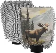 XYMZR Landscape Retro Moose Absorbent Microfiber Car Wash Mitt, Funny Cute Anime Scratch Free for Cars Cleaning, Home Cleaning Mitts, 2 Pack, 10.24” L x 7.09” W