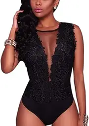 [RARITYUS] Women Sexy Criss Cross Halter Neck Bodysuit Sheer Mesh Backless Corset Bustier Crop Top Romper Jumpsuits