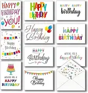100 Happy Birthday Cards, Large Assorted Greeting Notes with Envelopes and Stickers, 10 Unique Designs, 5x7 Inch, Thick Card Stock Bulk Box Set
