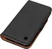 Porter Riley - Leather Case for iPhone SE 2022/20 and iPhone 8 / iPhone 7. Premium Genuine Leather Stand/Cover/Wallet/Flip Case with Card Slots & Horizontal Stand (Black/Tan)