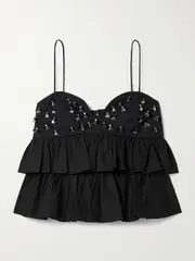 [Ulla Johnson] Ulla Johnson - Lucia Cropped Embellished Ruffled Cotton-poplin Top - Black - US0 US 0 Black