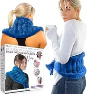 XL Microwave Heat Pack for Neck & Shoulders with a 25x50cm Heating Area. Longer Ties to Secure in-place. Flaxseed Wheat Bag for Cramps, Lower Back Pain Relief. Hot/Cold Reusable Heating Pad Blue