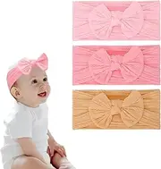 [Risipu] Baby Bow Headband,3pcs Hair Bands,Baby Girl Gift,Nylon Headband,Soft Elastic Hair Accessories for Girls,Perpect for Newborn Photography Props (Pink, Light Pink, Coffee)