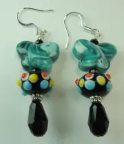 Black Crystal Briolette Butterfly Lampwork Earrings Handmade Jewelry