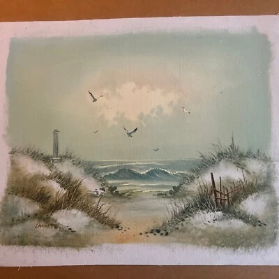 VINTAGE Hand Painted Original Painting On Canvas 12" x 16" Sunset / Lighthouse