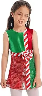 [TiaoBug] Kids Girls Sleeveless Candy Cane Costume Jumpsuit Dress Sequins Dance Dress Christmas Performance Outfit