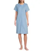 Miss Elaine Embroidered Quilt in Knit Snap Front Robe 2X Blue Short Sleeves NWT