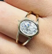 Hexagon Shape Engagement Ring Oval Moissanite Bezel Set Solitaire Wedding Ring