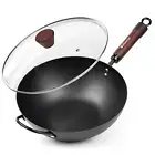 12.5“ Wok Pan with Lid， Versatile and Durable Carbon Steel Wok - Natural Non-Sti