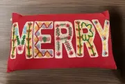Merry Christmas Pillow Crewel Embroidered Red 16”x9” Boho 100% Cotton NWT