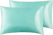 2 Pack Satin Silk Pillow Case Soft Pure Mulberry pillow Case Cover for Hair and Skin with Envelope Closure (Turquoise, Standard(50x75cm))