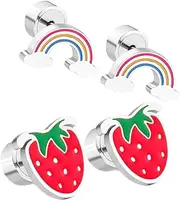 [VALICLUD] 2 Pairs Earrings Set Hypoallergenic Strawberry Rainbow Studs for Cute Flat Back Earrings for School Events Birthdays Graduations and Everyday Wear