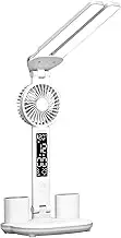Oimzzr Dual-Head Study Lamp with Fan Desk Lamp with Clock and Pen Holders Control Table Lamp Temperature Time & Date Display with Color Temperature Control (3000K-6000K) and Dimmable Brightness